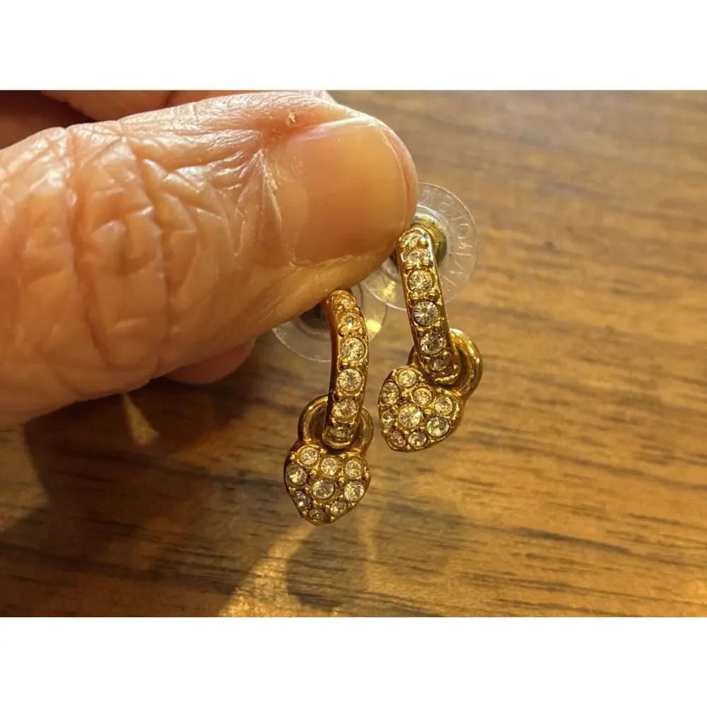 SWAROVSKI Gold Tone Crystal Heart Drop Half Hoop Earrings Signed